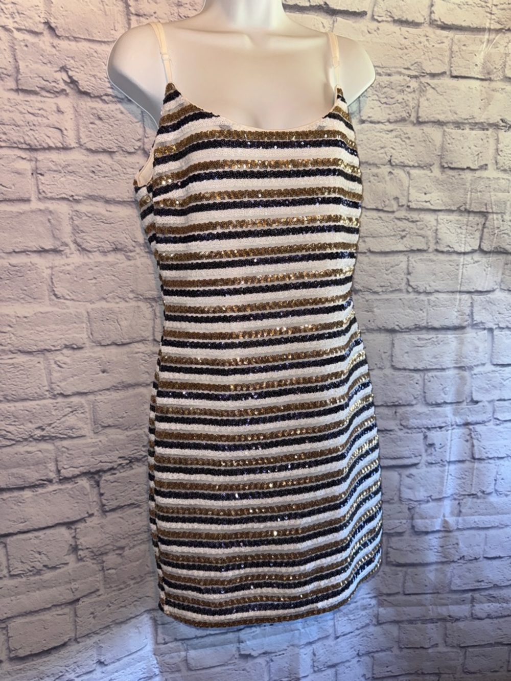 Just Me White, Gold & Blue Striped Sequin Mini Dress Size Large